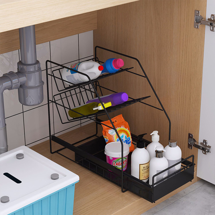 Household Sink Cabinet Storage Shelf 3 Tier Pull-Out Drawer Floor-Standing  Racks