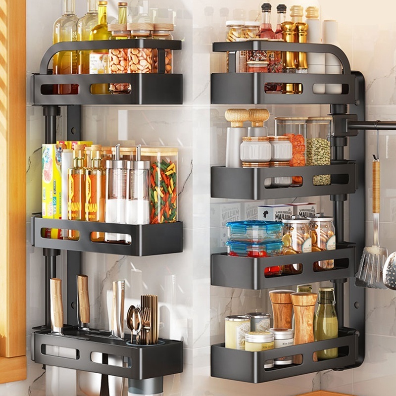 3-tier stand multi-function rotating storage seasoning for spices wall hang corner rack with hook no drilling on wall organizer