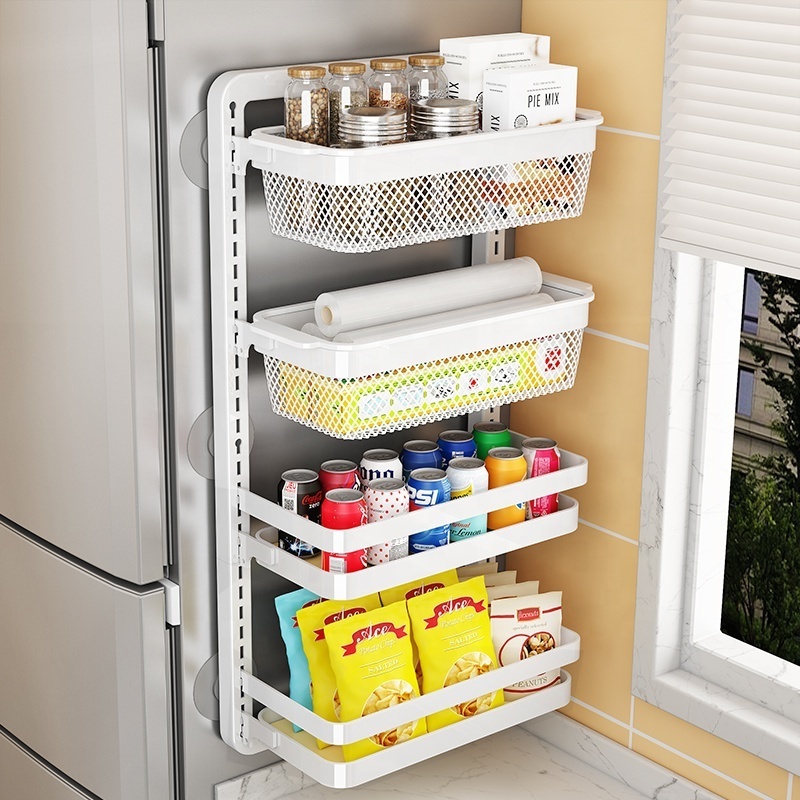 wholesale 3 tier metal space saving wall mount adjustable hanging baskets spices rack shelf organizer kitchen for refrigerator