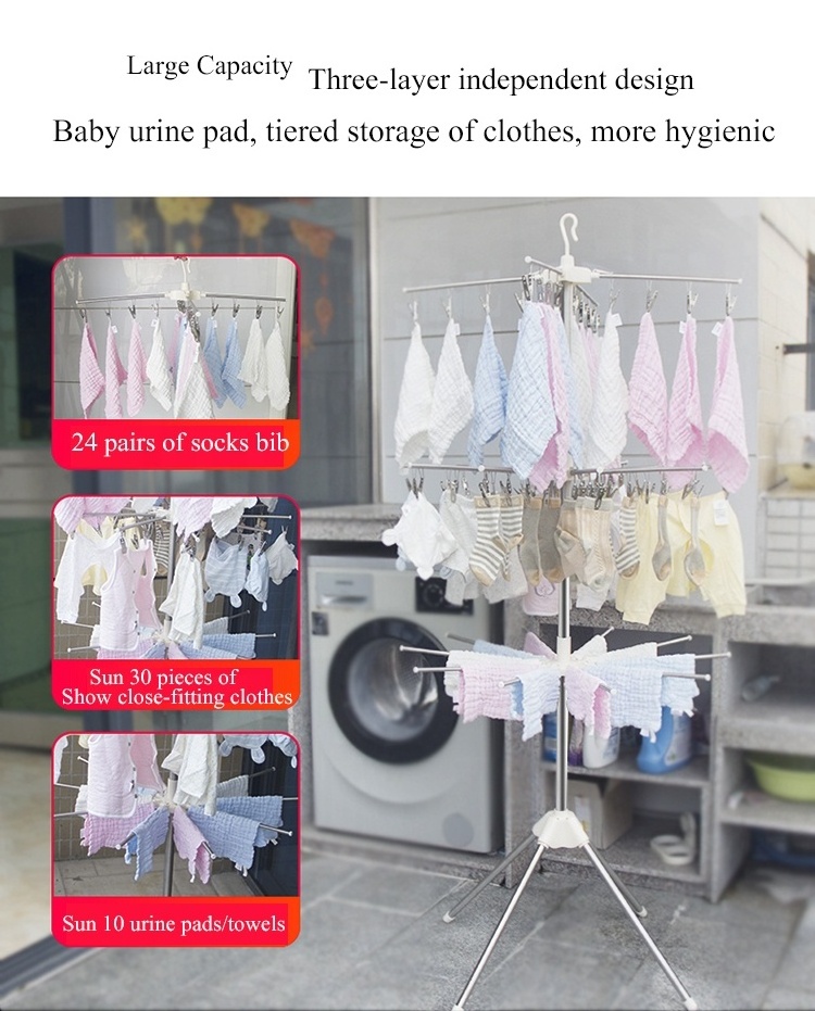 Rotating baby outdoor portable Clothes Drying Rack Oversized 4-Tier Foldable 304 Stainless Steel Movable Drying Rack