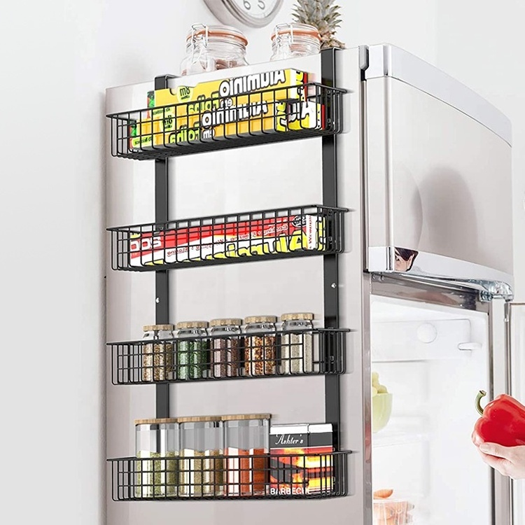 4 tier hanging metal iron magnetic refrigerator rack wire shelves  wholesale kitchen wall mesh mount spice rack organizer