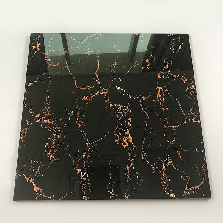 Classic Marble Look Black Gold Flower Polished Glazed Porcelain Floor Tile