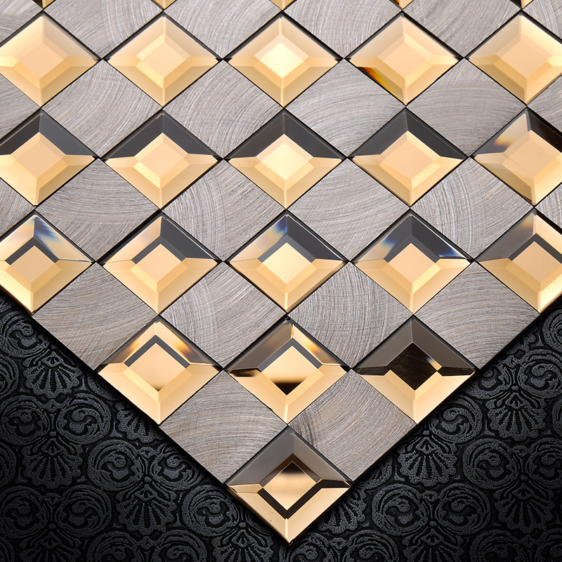 Rose Gold Luxury 3D Edged Mirror Glass Mixed Aluminium Mosaic Decorative Wall Tiles