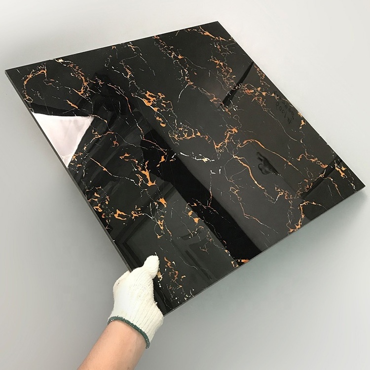 Classic Marble Look Black Gold Flower Polished Glazed Porcelain Floor Tile