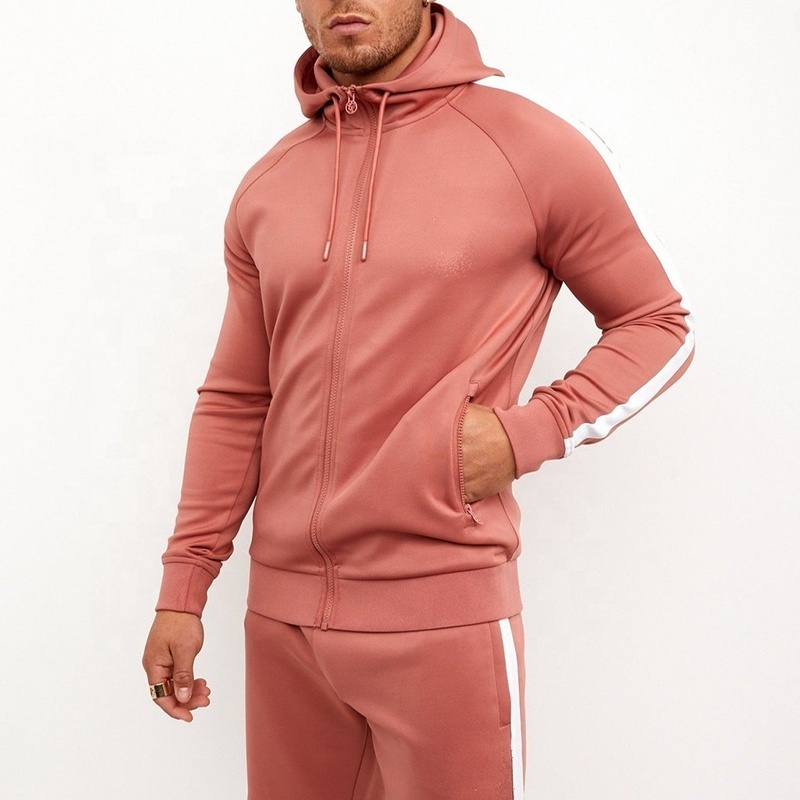 high quality full zip up men's hoodie sweat suit nylon spandex pink color slim muscle fit jogging suit men's tracksuits