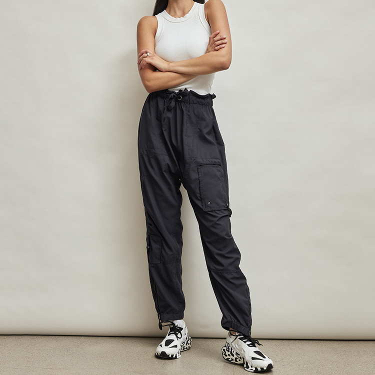 Fashion Casual Drawstring Cargo Pants Women Dark Black Low Waist Loose Baggy Joggers Wide Leg Sweatpants For Women