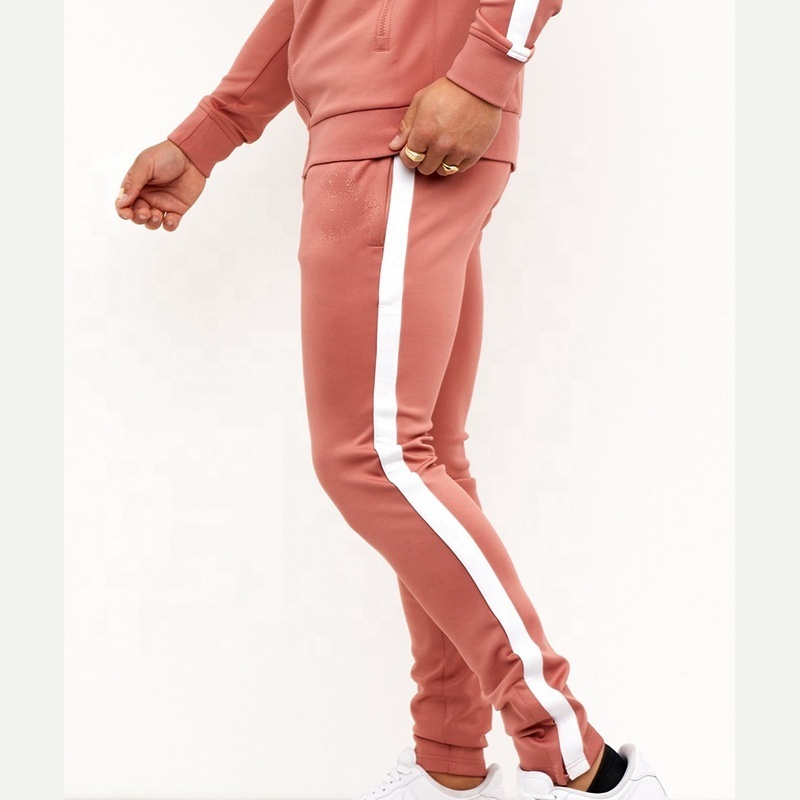 high quality full zip up men's hoodie sweat suit nylon spandex pink color slim muscle fit jogging suit men's tracksuits