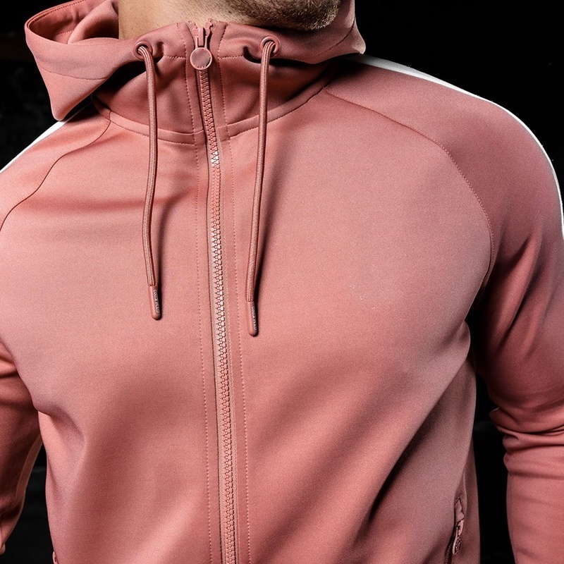 high quality full zip up men's hoodie sweat suit nylon spandex pink color slim muscle fit jogging suit men's tracksuits