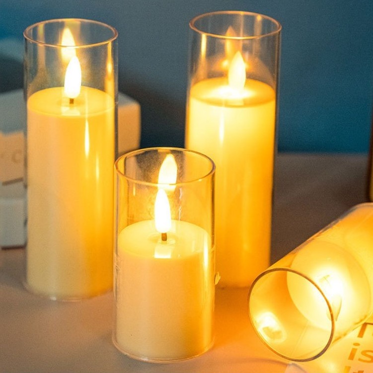 ABS Acrylic Glass led Candles Flickering Led Flameless Pillar Candles with Moving Flame for Wedding Home Decor