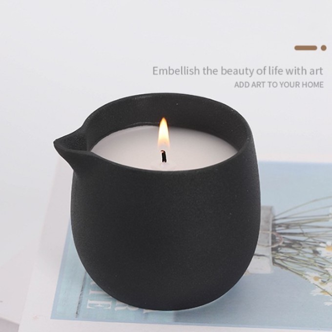 White Black Empty Ceramic Massage Candle Jar Container Vessel Cup with Pour Spout and Lid