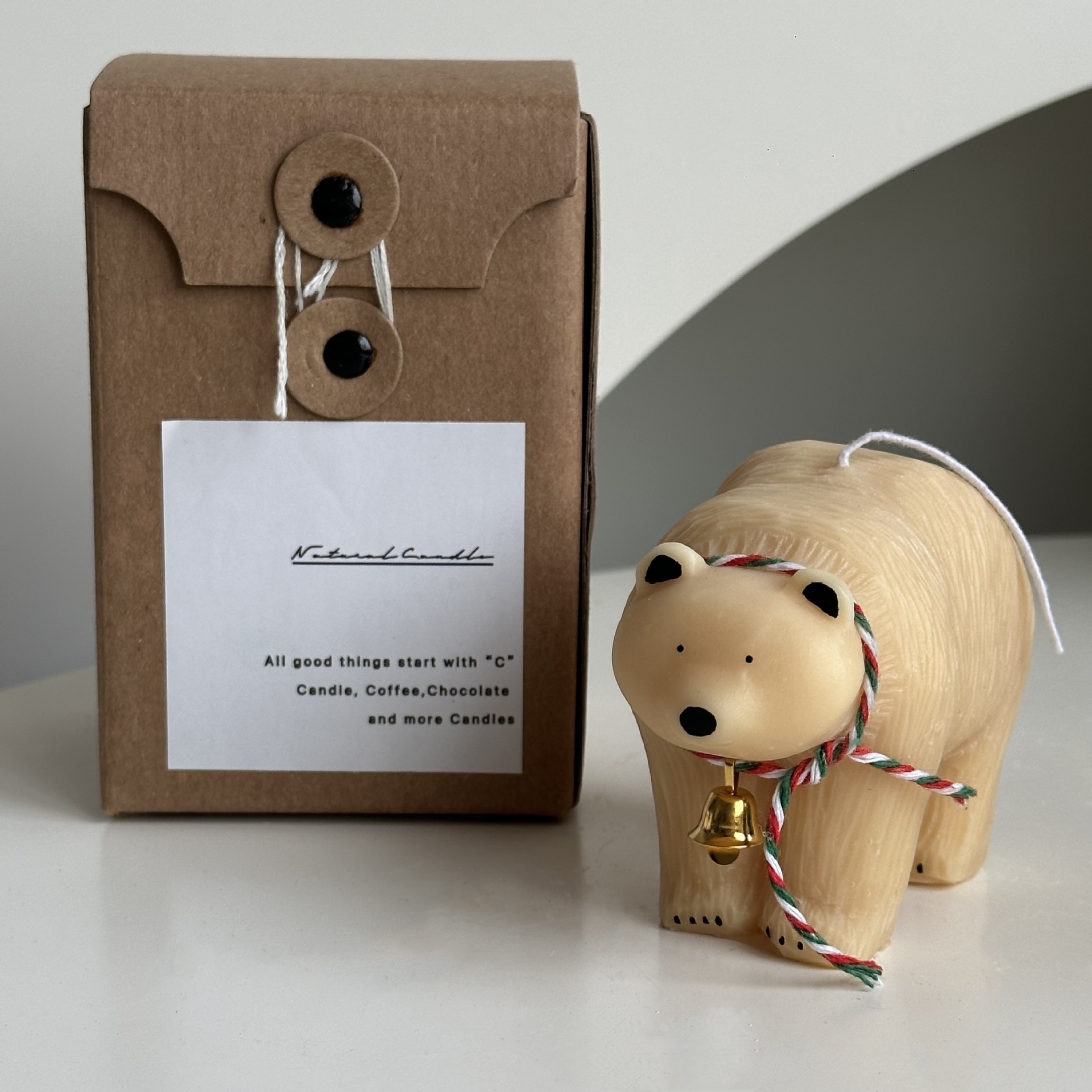 Handmade Large White Light Brown Cute Bear Shape Candles with Blush Bell Scarf for Christmas