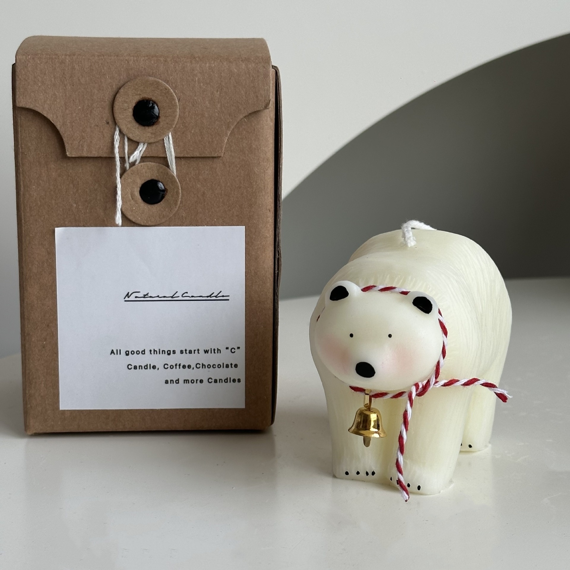 Handmade Large White Light Brown Cute Bear Shape Candles with Blush Bell Scarf for Christmas