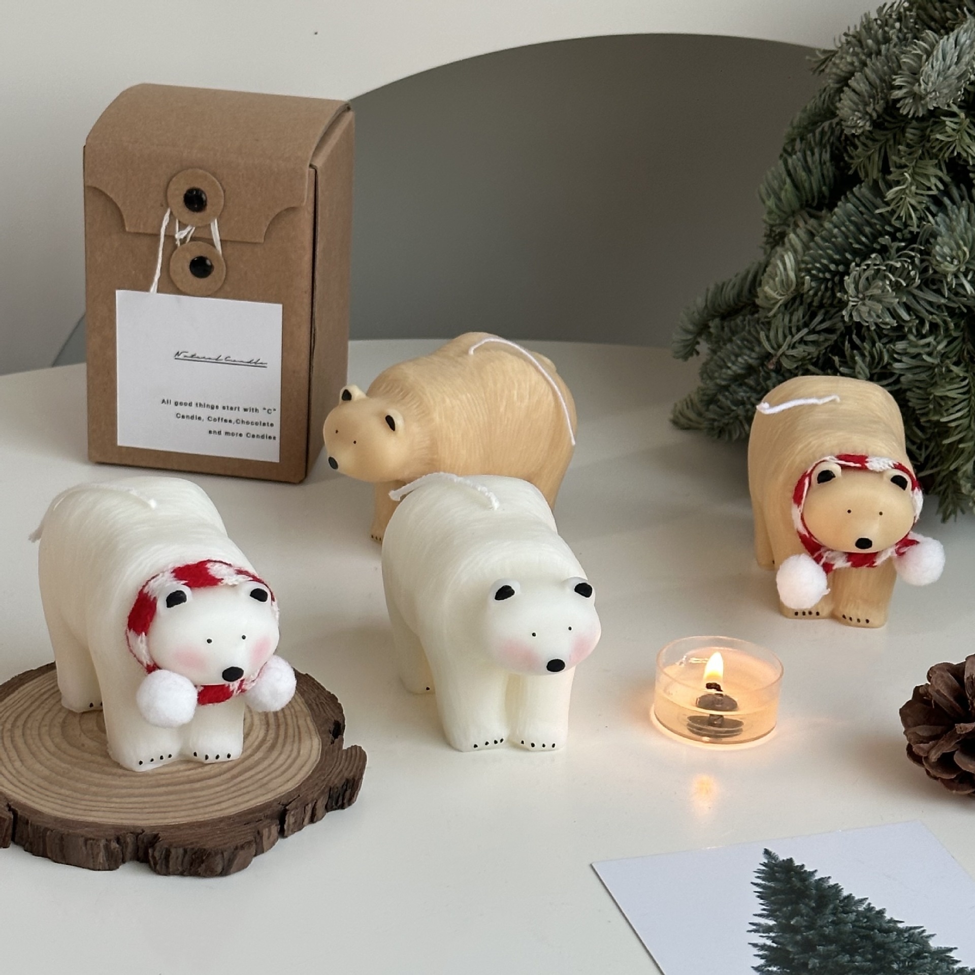 Handmade Large White Light Brown Cute Bear Shape Candles with Blush Bell Scarf for Christmas