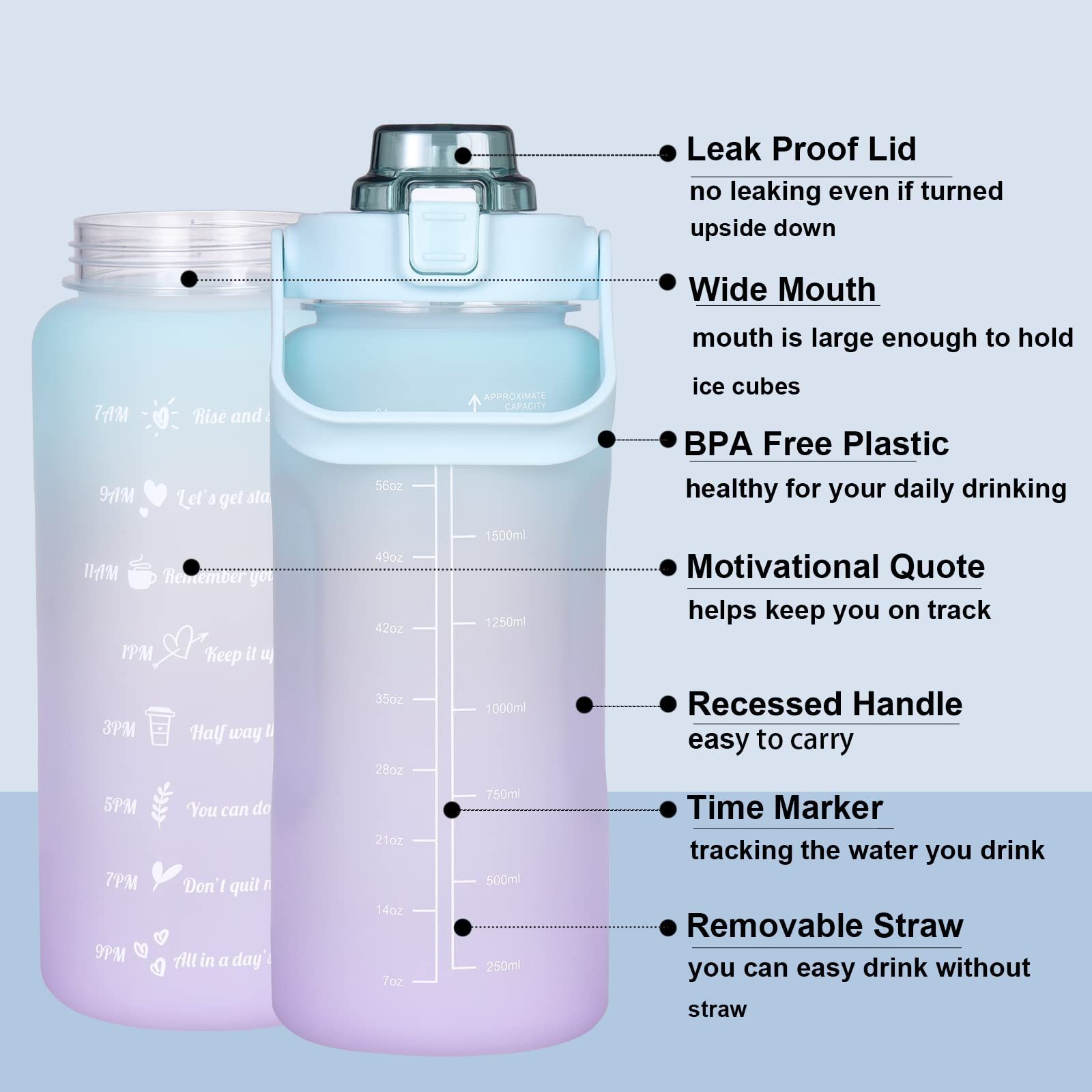 Cute Beautiful Kids Motivational Gradient Sports Bpa Free Water Cup 2 Liter Drinking Bottle With Time