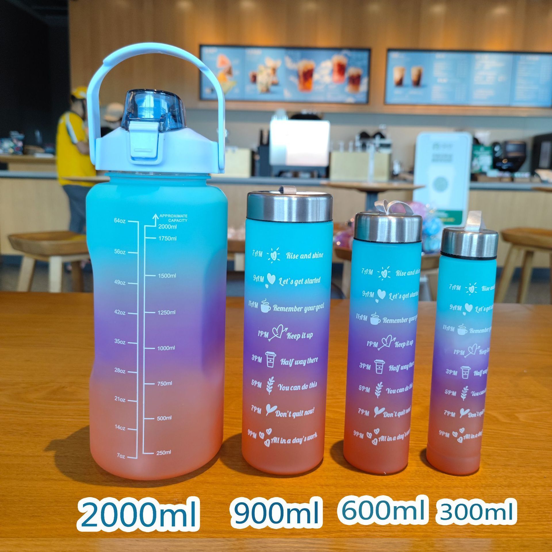 4 in 1 Four-piece Set Motivational Gradient Plastic Water Cup Outdoor Sports Water Bottle