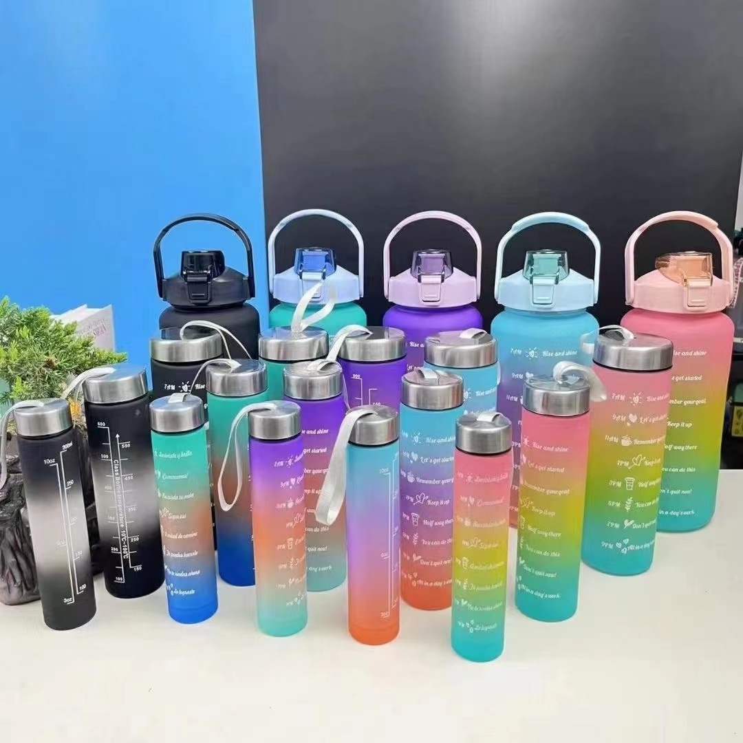 4 in 1 Four-piece Set Motivational Gradient Plastic Water Cup Outdoor Sports Water Bottle