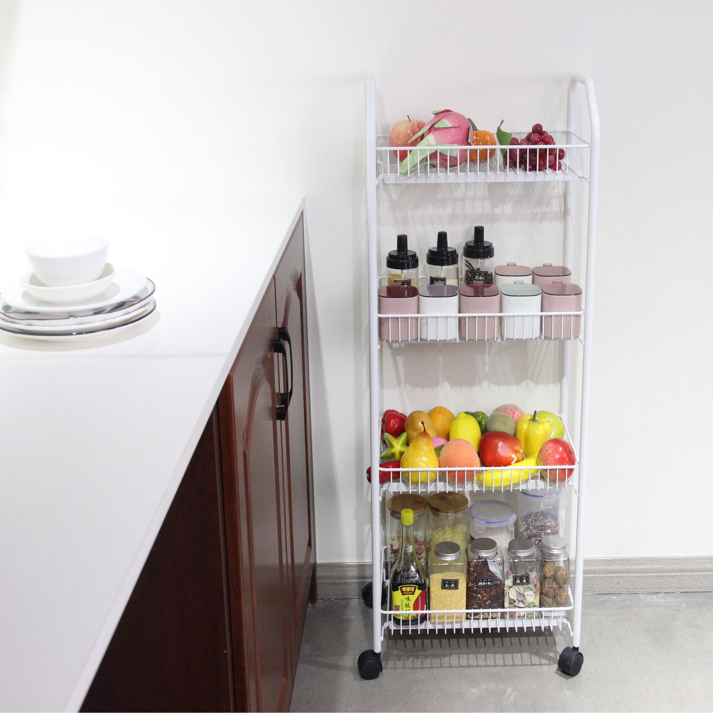 Kitchen four-layers hand carts food storage organizer wire shelving trolleys snack fruit  trolley with wheels