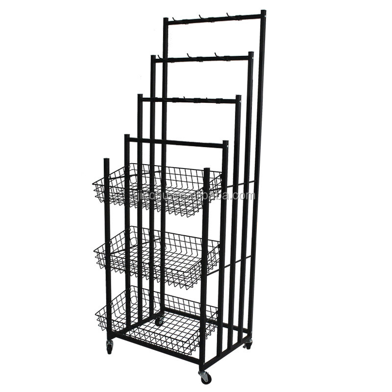 Retail shop display umbrella display stand 3 tier wire shelf with wheels black