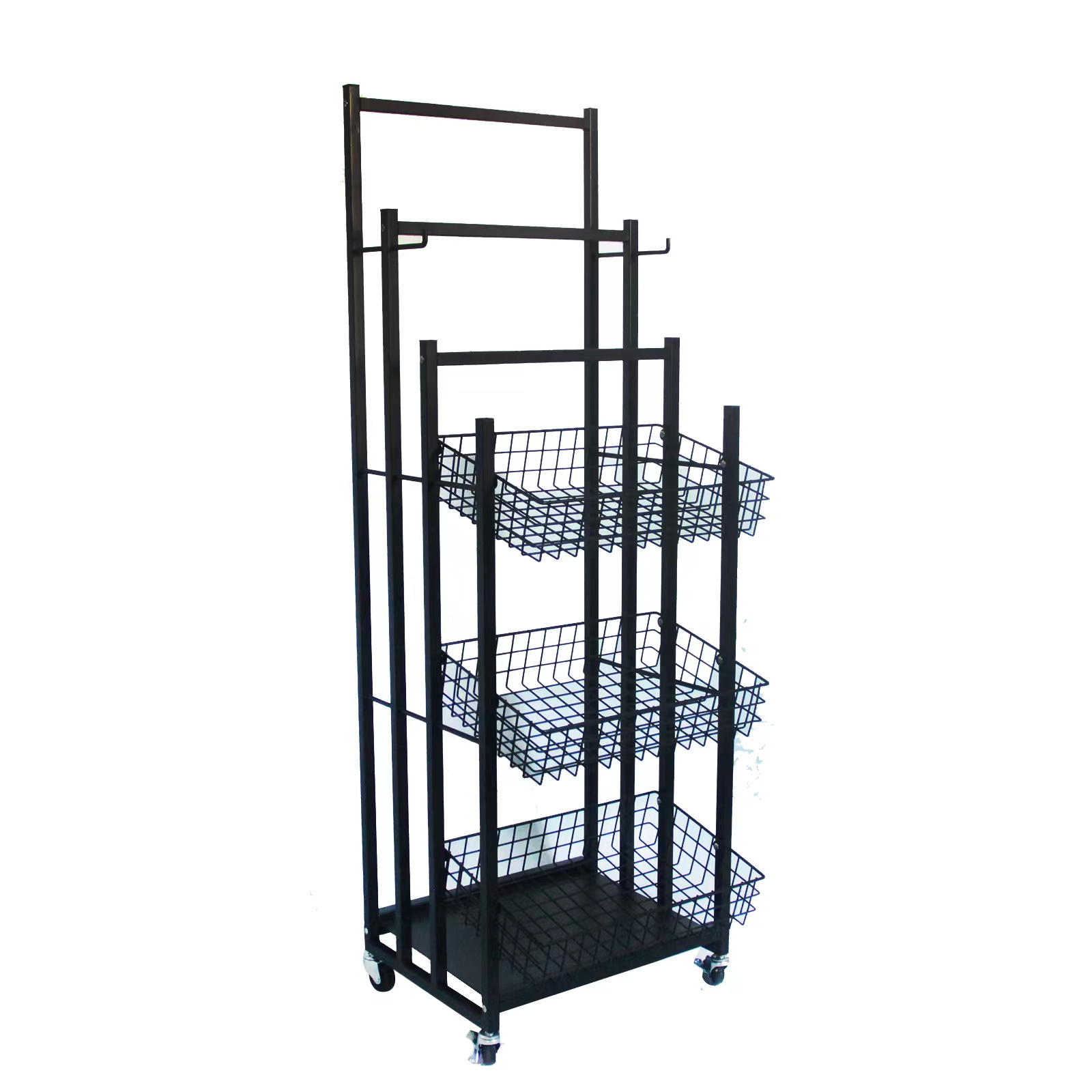 Retail shop display umbrella display stand 3 tier wire shelf with wheels black