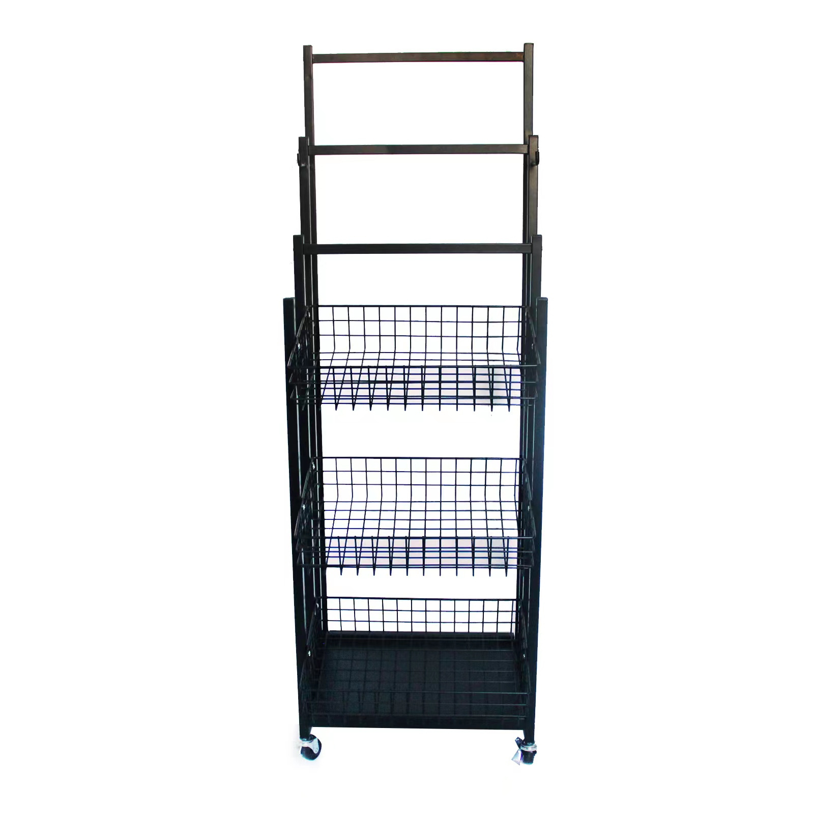 Retail shop display umbrella display stand 3 tier wire shelf with wheels black