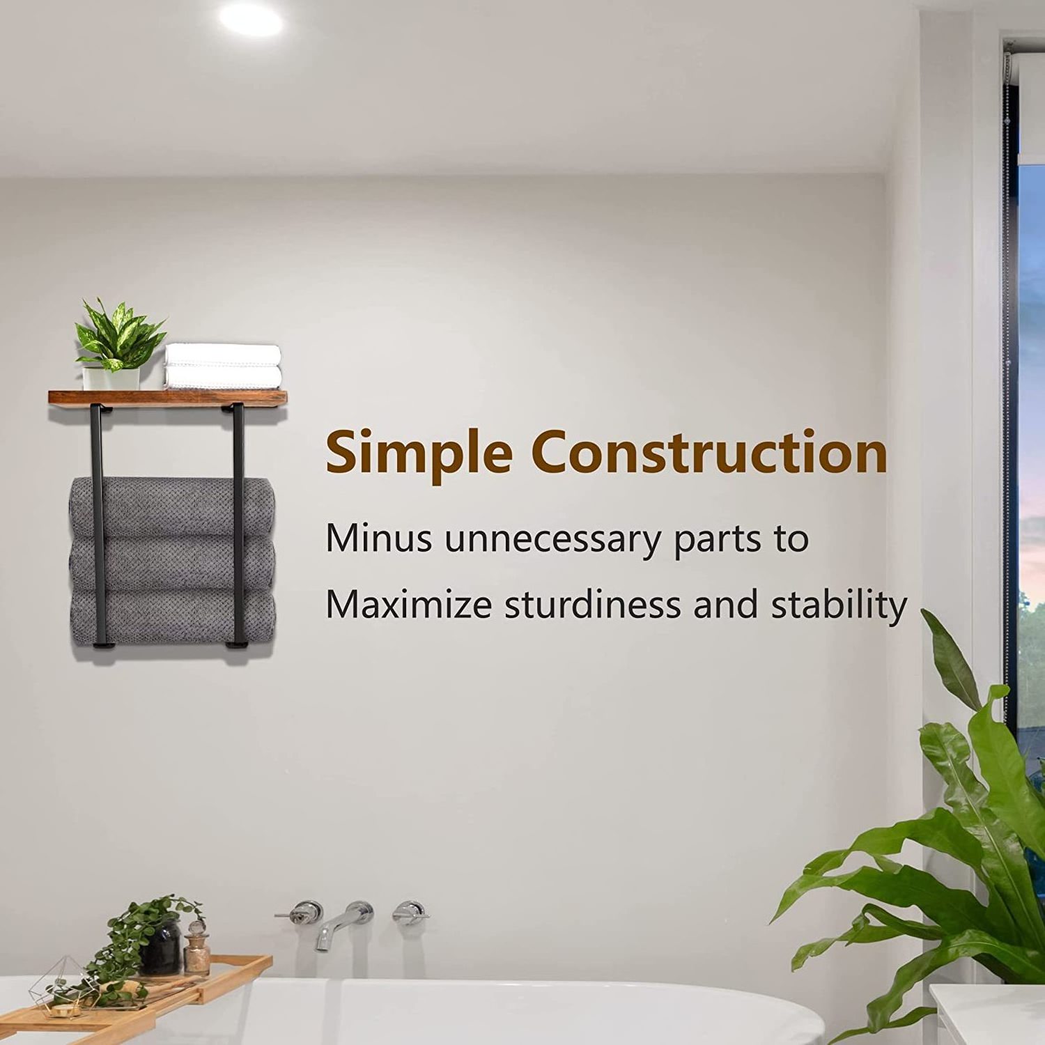 Bathroom Storage Organizer Wall Mounted With Wooden Shelf Metal Steel Towel Holder Rack Shower Room