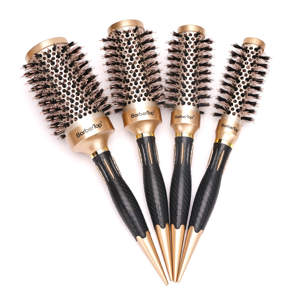 Professional boar bristle Round Aluminum Hair Brush For Women Salon Blowout hot resistance sharp handle Ceramic Comb