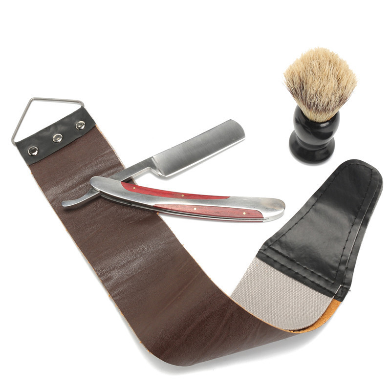 Vintage Straight Razor Shaving Kit Barber Stainless Steel Edge Folding Knife Wood Case Sharpening Strop Brush Shaving Set