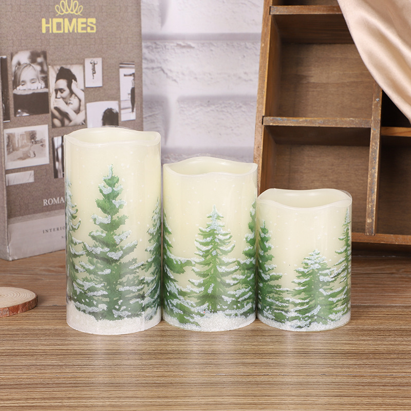 Custom Remote Operated Christmas Decal 3pcs Real Wax Paraffin 2*AA Battery Rechargeable Large LED Pillar Candle for Festival De