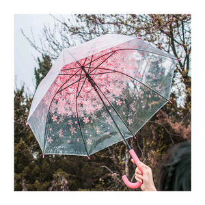 Long Handle J Shape Clear Rain Dome Cherry Flower Printing Straight Umbrellas Wedding Transparent Photography Umbrella