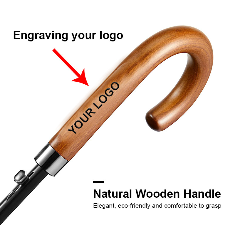 High quality custom logo straight handle slap-up umbrella carved golf umbrella wood handle umbrella with logo