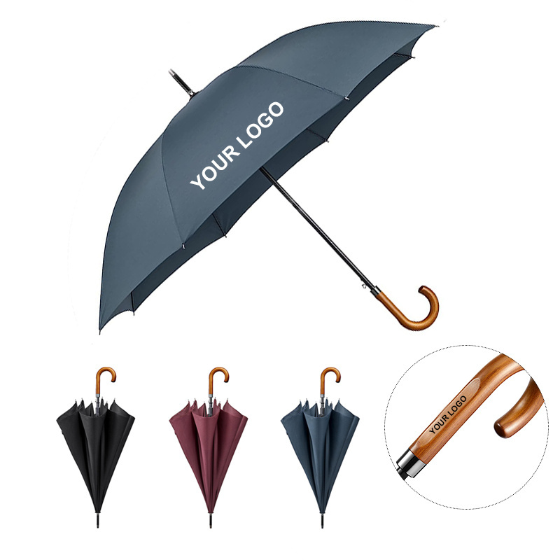 new J wood handle umbrella with logo printing auto open and close large curved handle storm strong