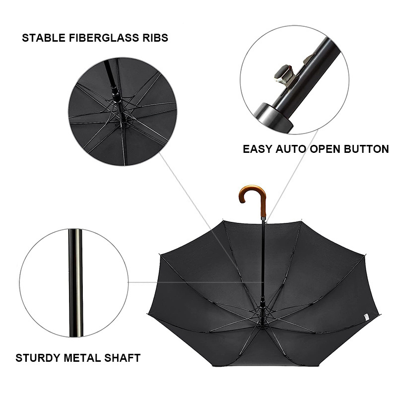 new J wood handle umbrella with logo printing auto open and close large curved handle storm strong