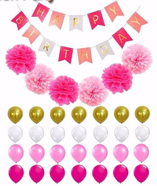 Pink And Dot Pompon, 2 Pcs Dot Garland 15 Pcs Tassel 22 Pcs Latex Balloon For Wedding Decoration