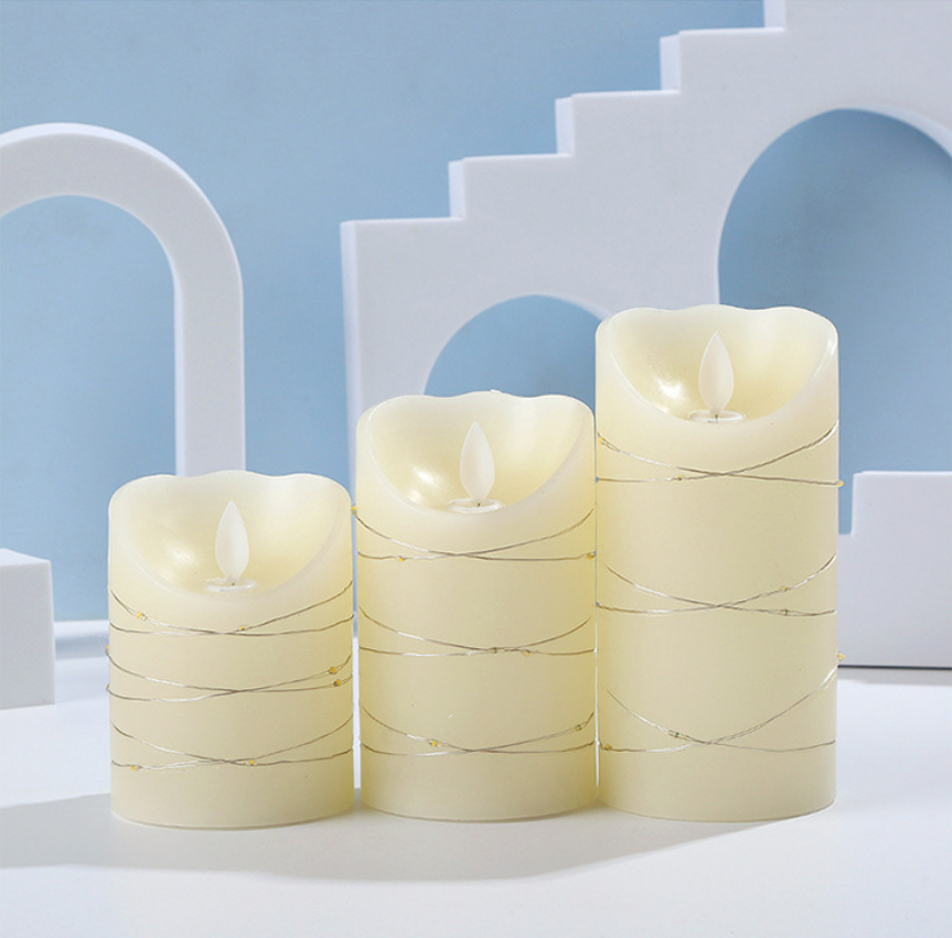 White Ivory Real Wax 3 Pack Embedded Fairy String Lights LED Candles Flickering Pillar Candles with Remote Control and Timer