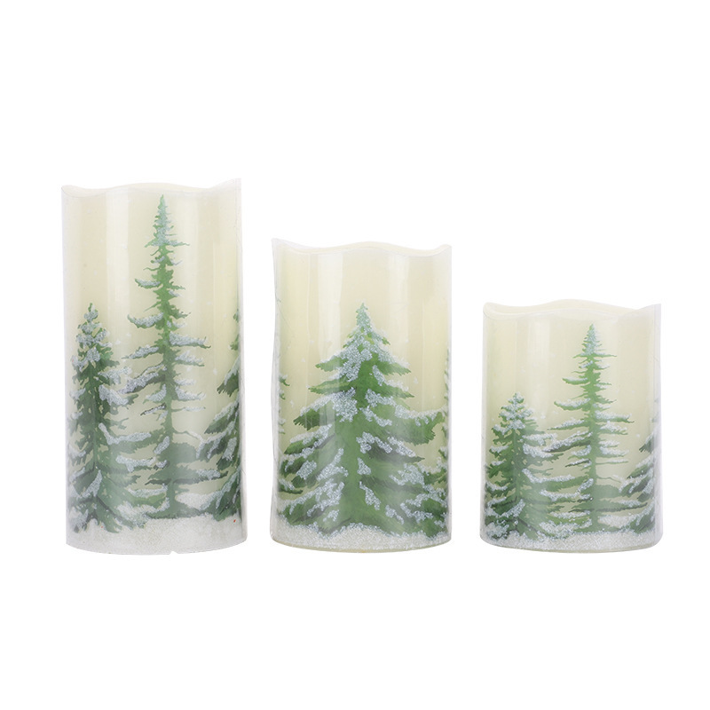 Modern Popular 3pcs Christmas Decal Real Wax Paraffin 2*AA Battery Rechargeable Safety Large LED Pillar Candle for Festival Dec