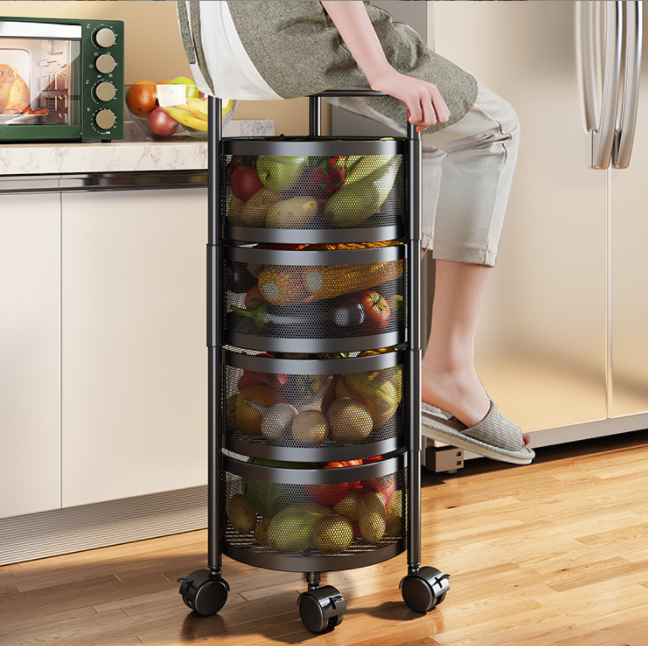 Customize Rotating Kitchen Shelf For Fruit Vegetable Floor 4-layer Household Storage Rack Black Square Fruit Trolley