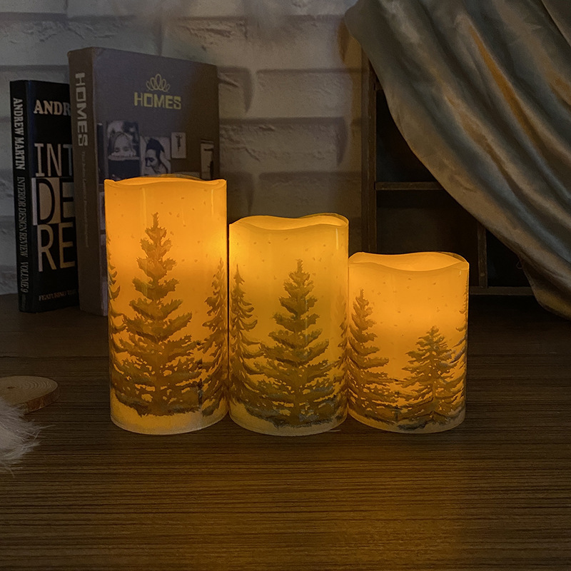 Modern Popular 3pcs Christmas Decal Real Wax Paraffin 2*AA Battery Rechargeable Safety Large LED Pillar Candle for Festival Dec