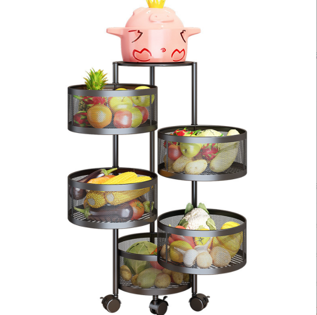 Customize Rotating Kitchen Shelf For Fruit Vegetable Floor 4-layer Household Storage Rack Black Square Fruit Trolley