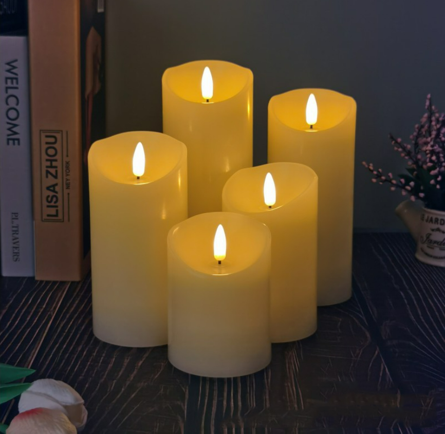 Set of 3 Ivory 3D Bullet Wick Flickering Realistic LED Candles Remote and Timer with Water Ripple Battery Operated Wax Candles