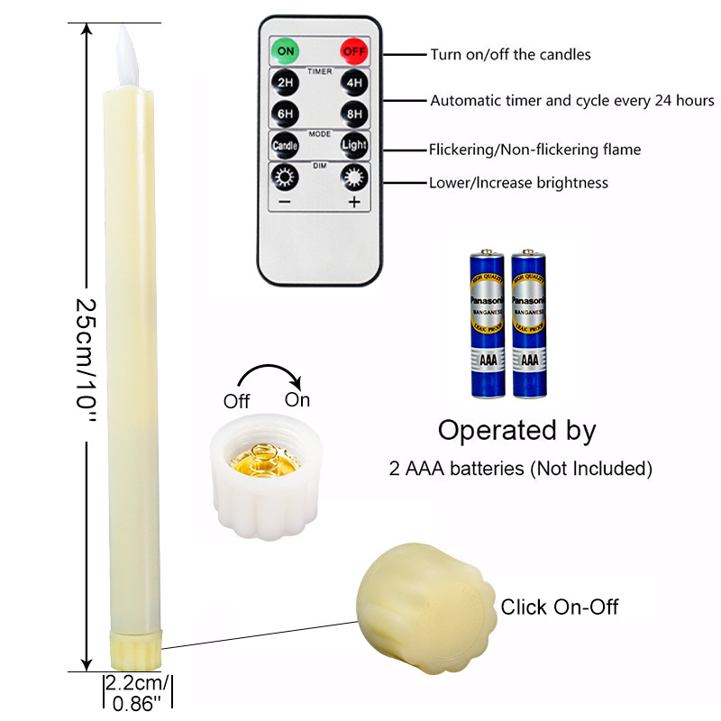 3*AA Batteries Flameless Real Wax Paraffin Plastic Pillar Warm Light LED Taper Candle With 10 Keys Timer Remote Operate For Gift