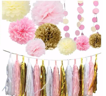 Pink And Dot Pompon, 2 Pcs Dot Garland 15 Pcs Tassel 22 Pcs Latex Balloon For Wedding Decoration