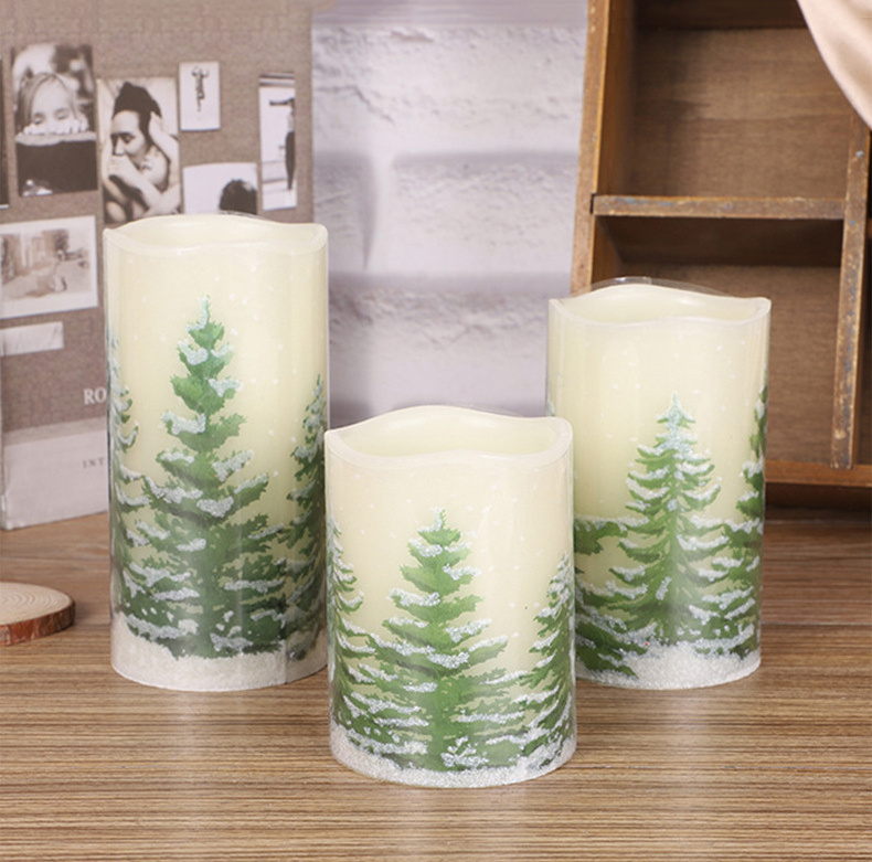 Custom Remote Operated Christmas Decal 3pcs Real Wax Paraffin 2*AA Battery Rechargeable Large LED Pillar Candle for Festival De