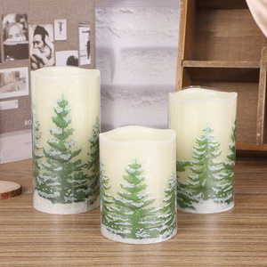 Custom Remote Operated Christmas Decal 3pcs Real Wax Paraffin 2*AA Battery Rechargeable Large LED Pillar Candle for Festival De