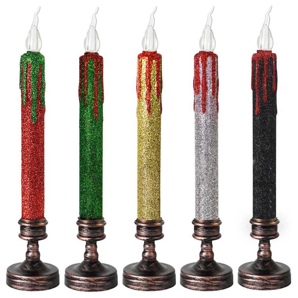 OEM Red Green Long Spray Print Romantic Flameless Colorful Warm Light Operated LED Taper Candle For Christmas Day