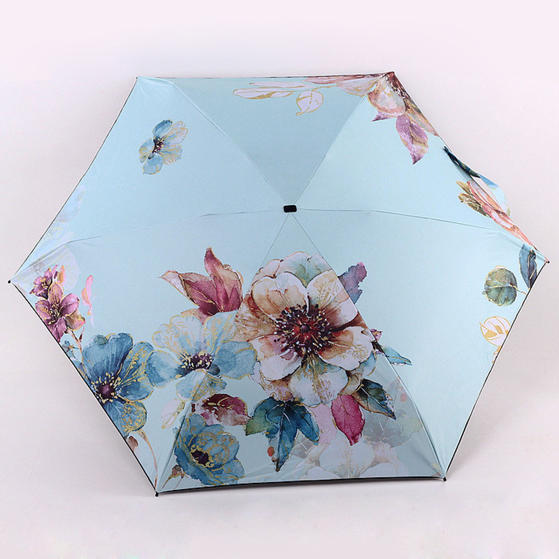 Wholesale Custom Creative Black Coating Flower 5-Folding Umbrella with the case For summer