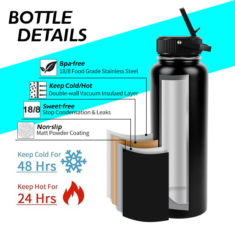 Leak proof 12 18 24 32 64 oz insulation double wall Metal Vacuum flask Stainless Steel thermal water bottle