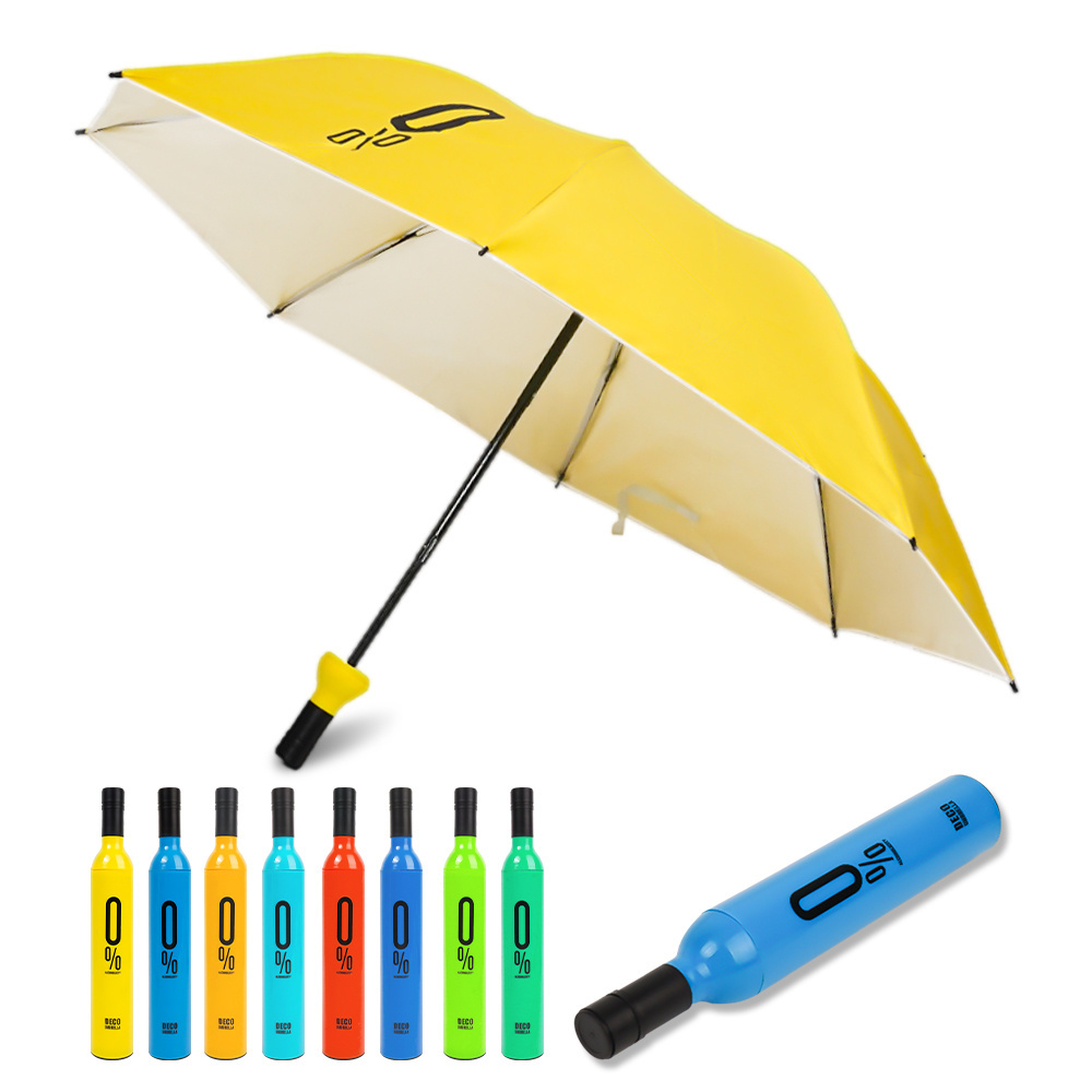 Custom Printing Advertise Gift Rainy Sunny 3 Folding Umbrella Logo Foldable Wine Bottle Umbrellas for rain and sun