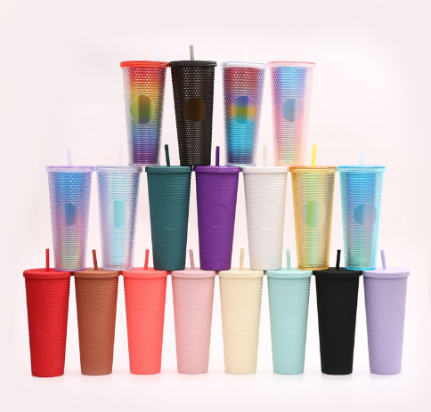 Double Wall Plastic 710ml Tumbler 24oz BPA Free Mug Portable Matte acrylic Pink Tumblers with Straw and Lid