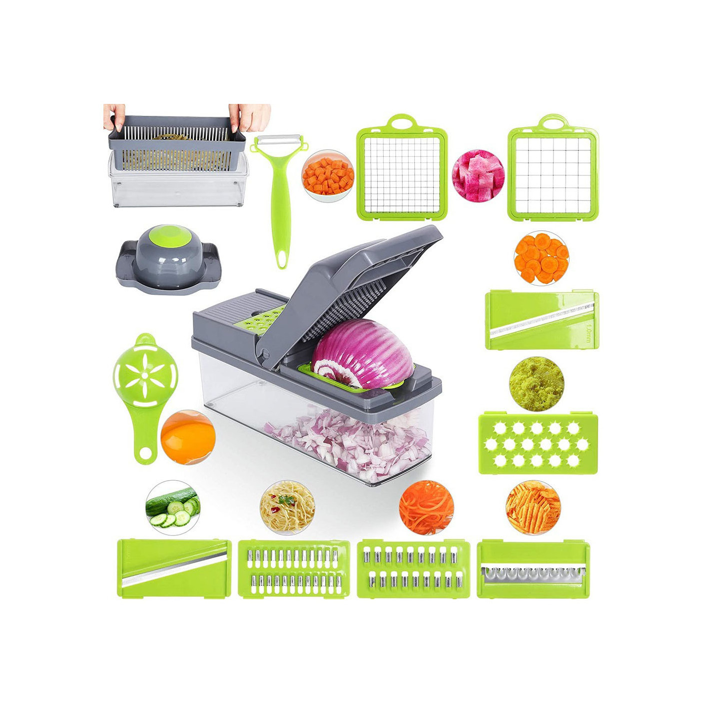 2023 12 in 1 Multifunction kitchen gray green hand slicer Onion Chopper Dicer Vegetable cutter