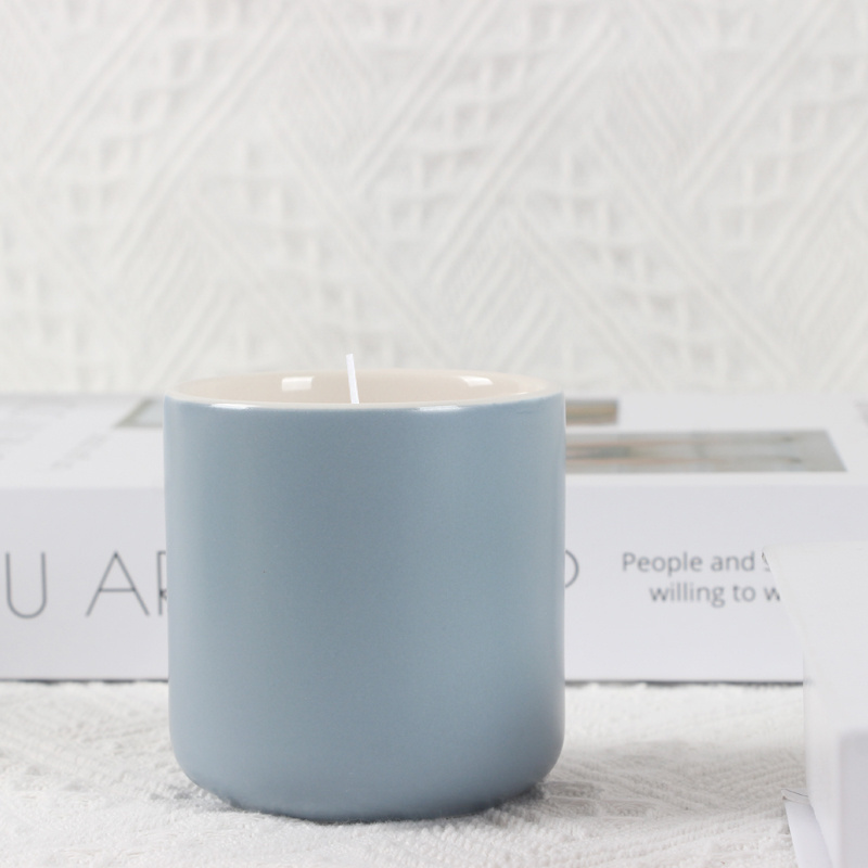 Blue Sublimation Matte Candle Packaging Bulk Ceramic Candle Holder Jar With Bamboo Wooden Lids